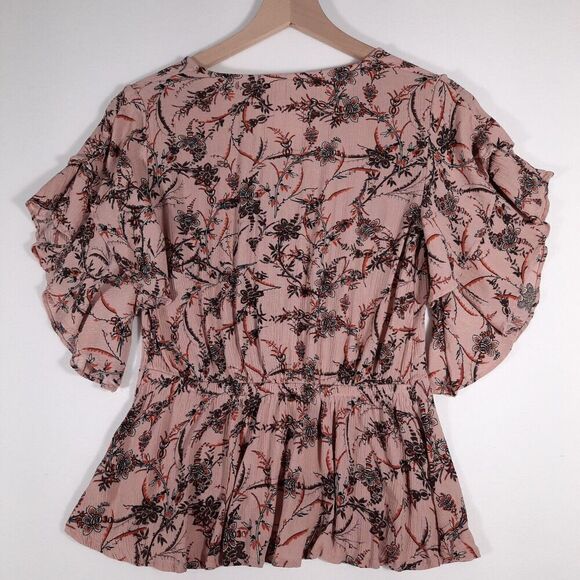 Maurice's Ruched Front Romantic Boho Gauzy Peplum Blouse Pink Floral Size Small - Picture 5 of 12